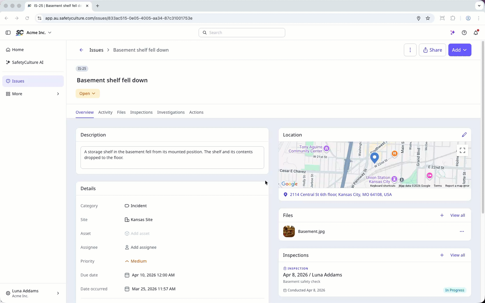 Create an action from the issue profile by clicking "Add" and selecting "Create action."