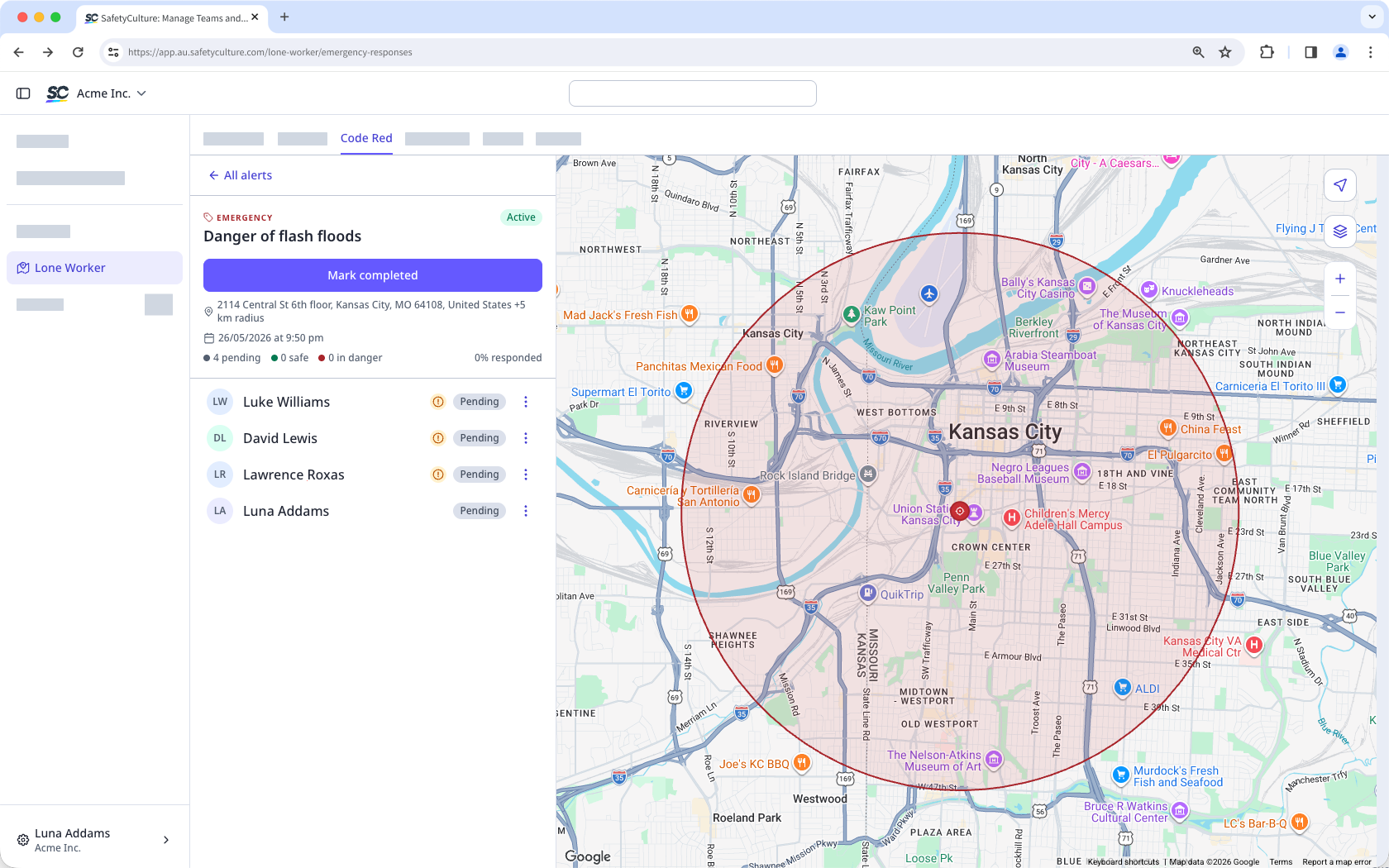 The Code Red tab in Lone Worker shows an active emergency alert with four workers listed as "Pending" and a map of the affected area.