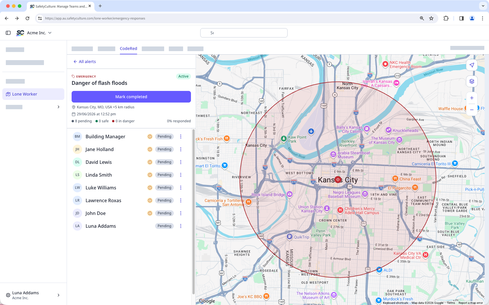 The CodeRed tab in Lone Worker shows an active emergency alert with four workers listed as "Pending" and a map of the affected area.