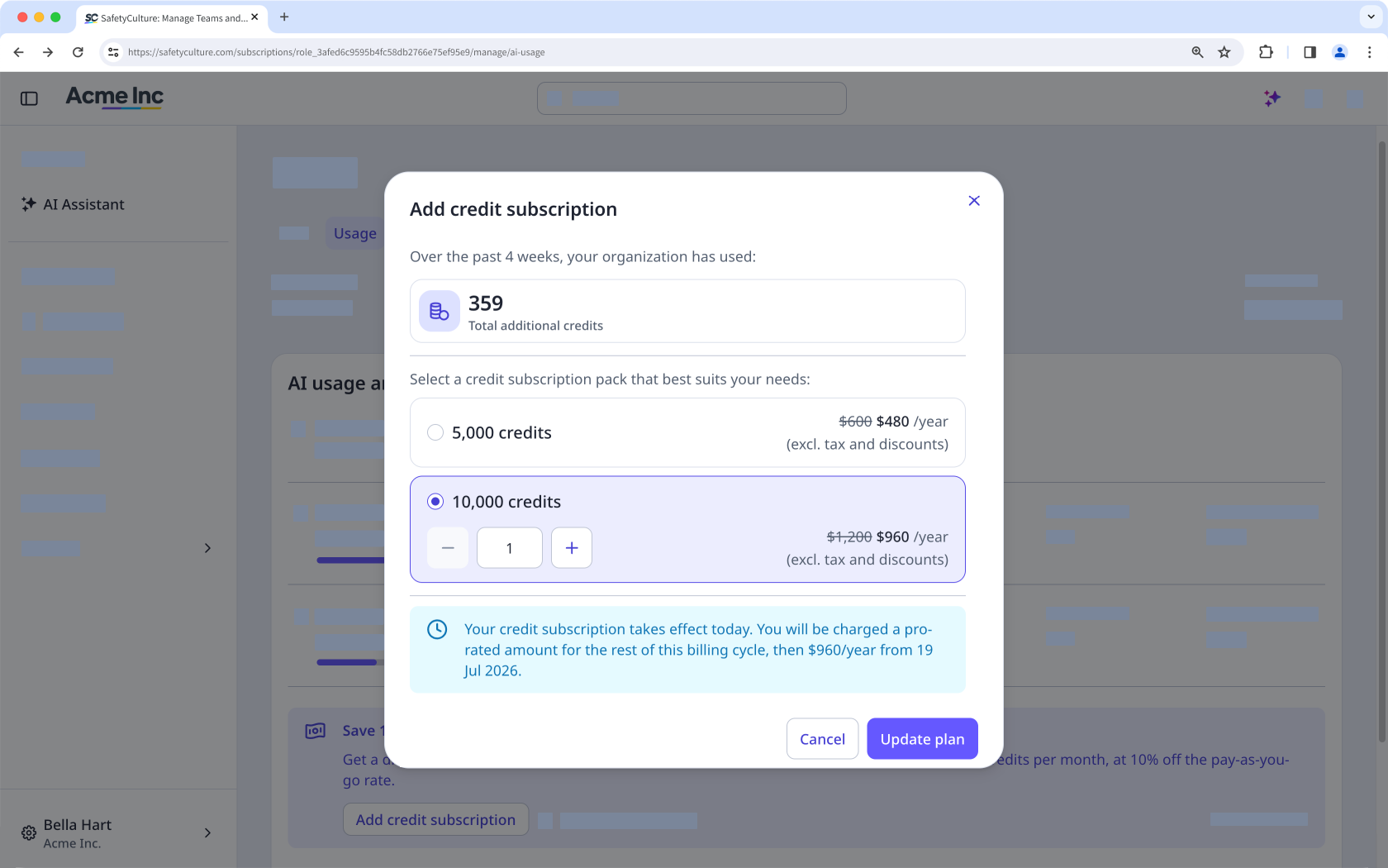 Add credit subscription dialog showing available credit pack options, a quantity selector for the chosen pack, and pricing details, with Cancel and Update plan buttons to confirm.
