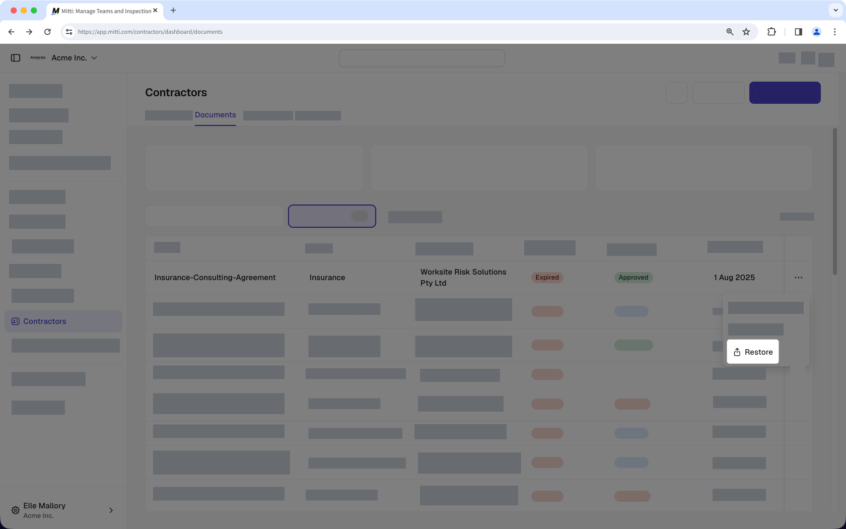The document row's action menu open, showing the option to restore an archived file.