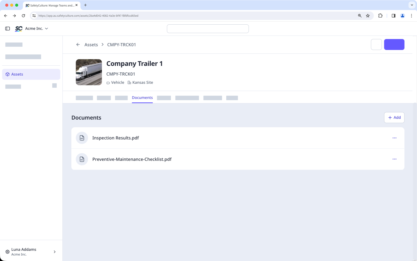 The Documents tab on an asset profile page, showing PDF files uploaded to the asset.