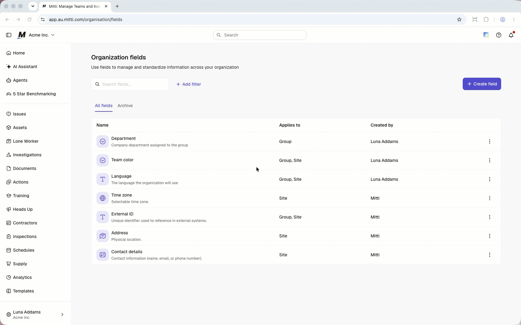 Edit the field name, description, and settings in the side panel.