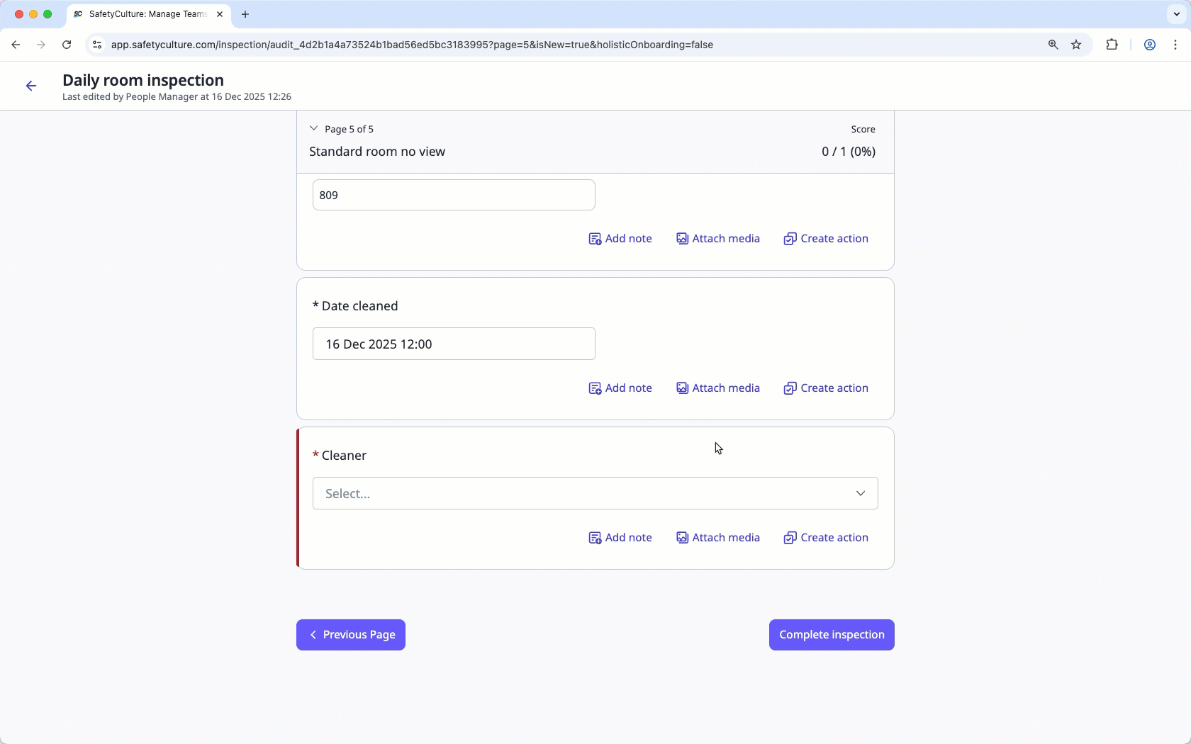 Écran de fin d'inspection lorsque le paramètre est activé via l'application Web.