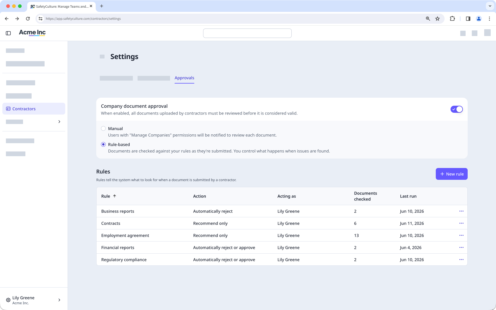 The Approvals tab with the Rule-based option selected and the list of rules displayed.