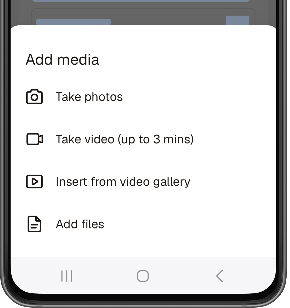 The Add media dialog in inspections listing Take photos, Take video (up to 3 mins), Insert from video gallery, and Add files.