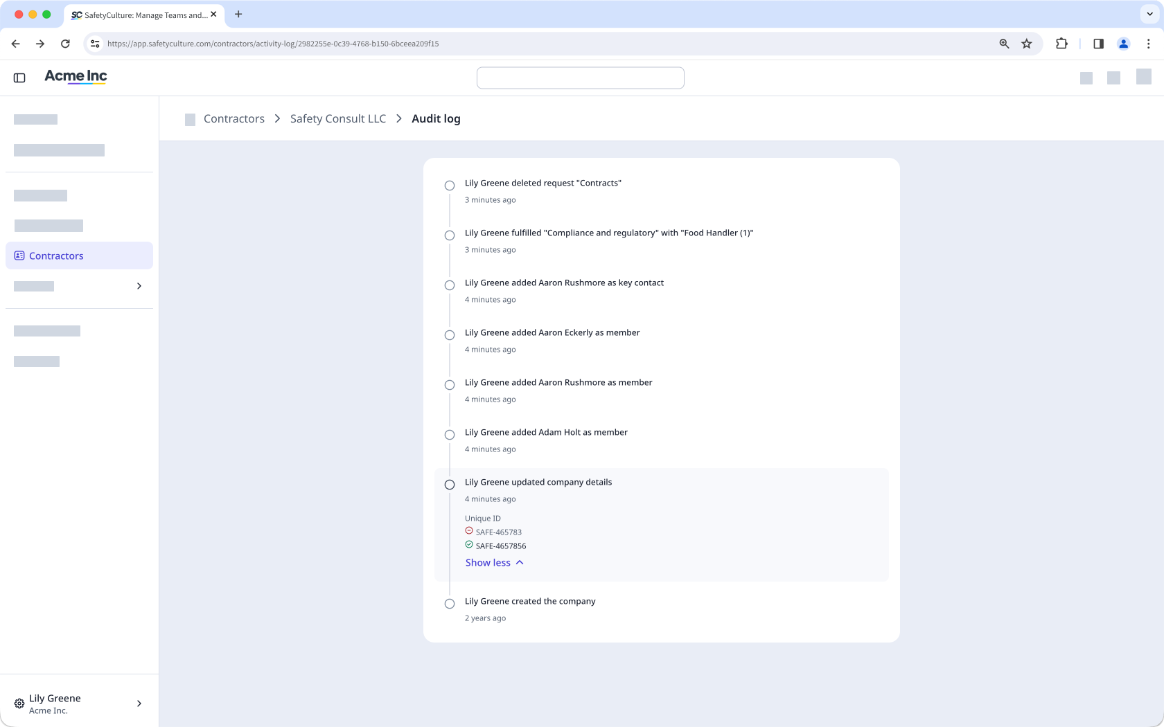 The audit log in a company profile showing a list of recent changes.