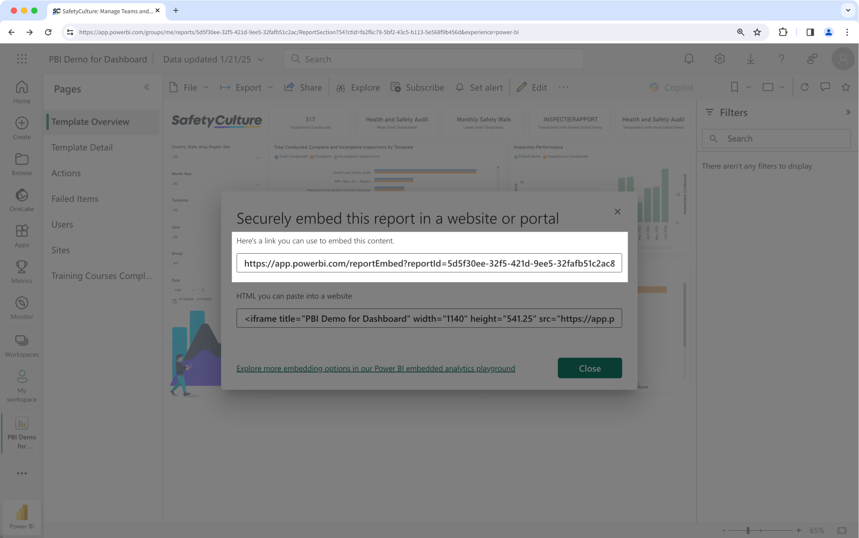 Copiez le code HTML d'incorporation privée dans Microsoft Power BI.