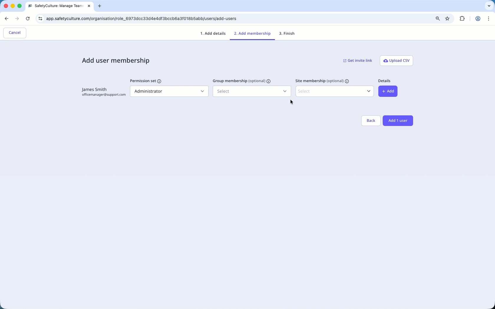 Assign a permission set, as well as group and site membership, and add user details while adding a user via the web app.