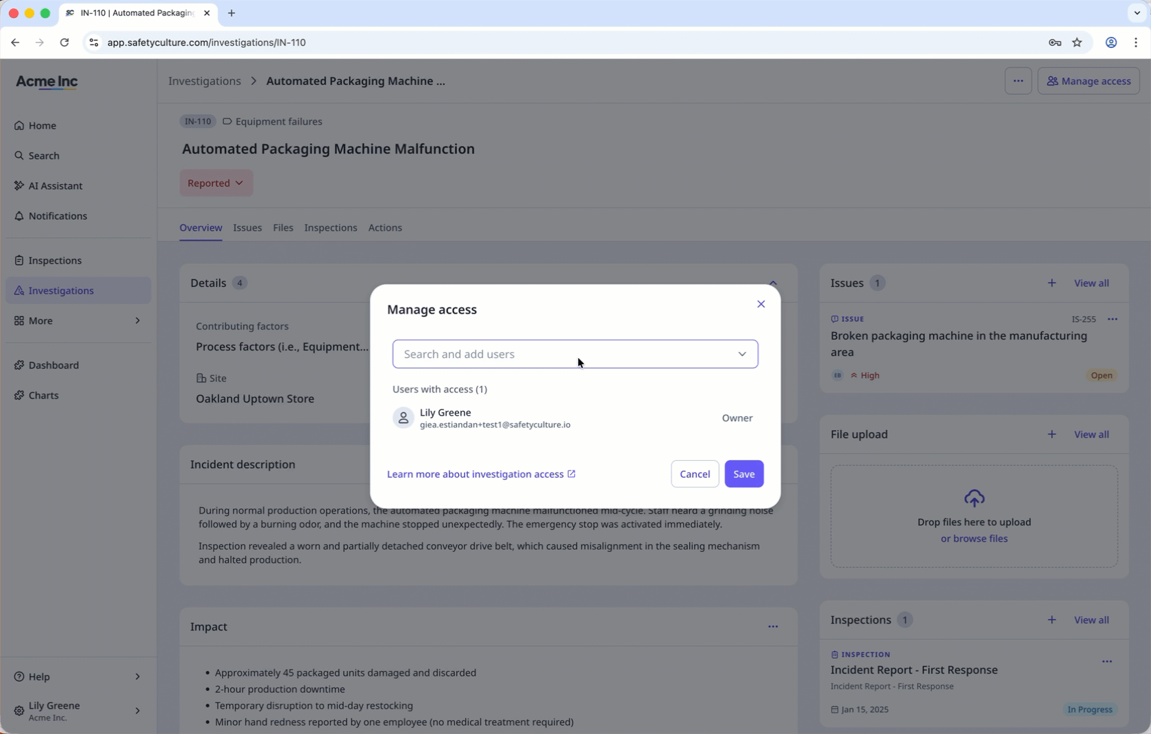 Select users and give them access to an investigation.