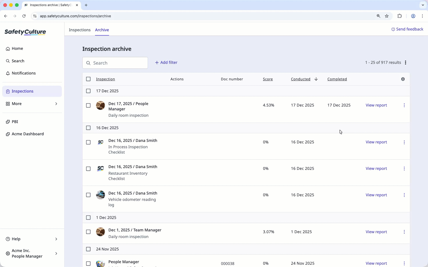 Delete an archived inspection via the web app.