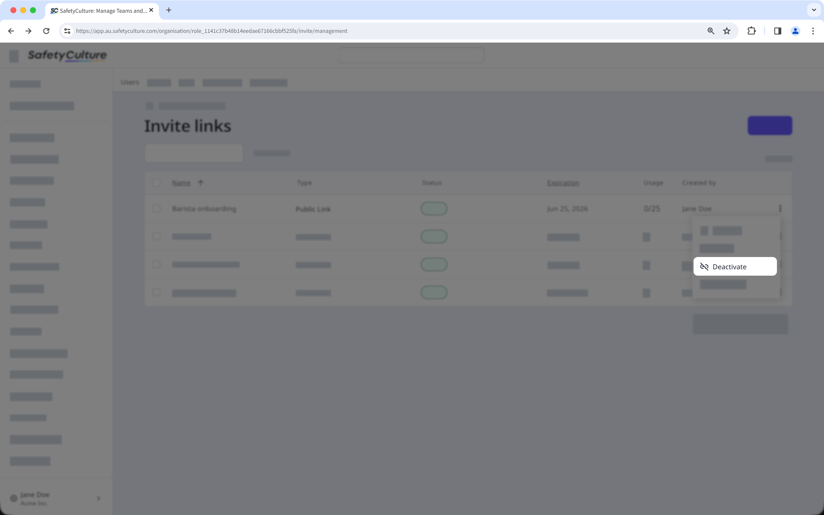 The invite links page showing the option to deactivate an invite link.