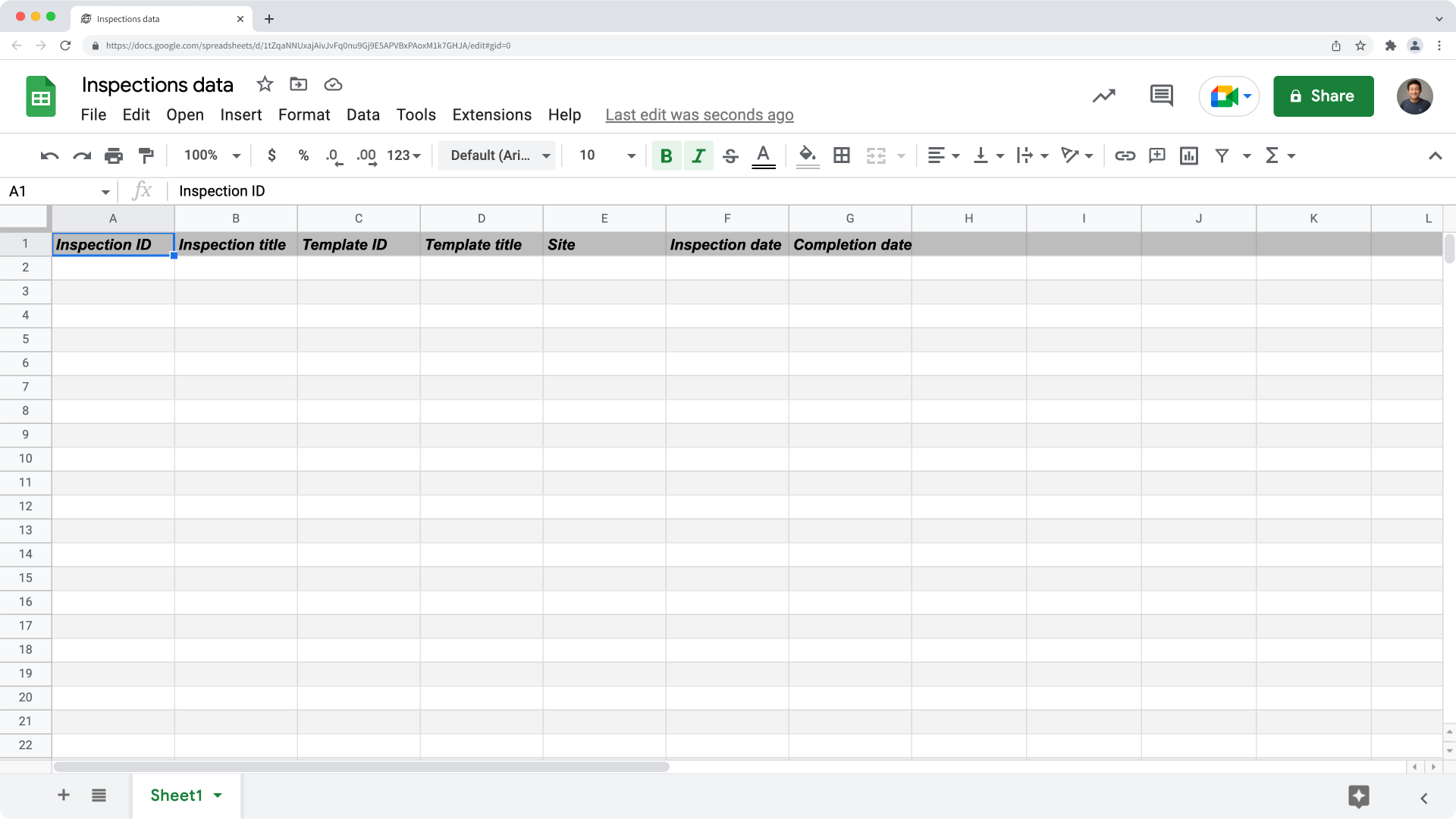 Un ejemplo de datos de Inspecciones de Hojas de cálculo de Google Sheets para la integración de Zapier.