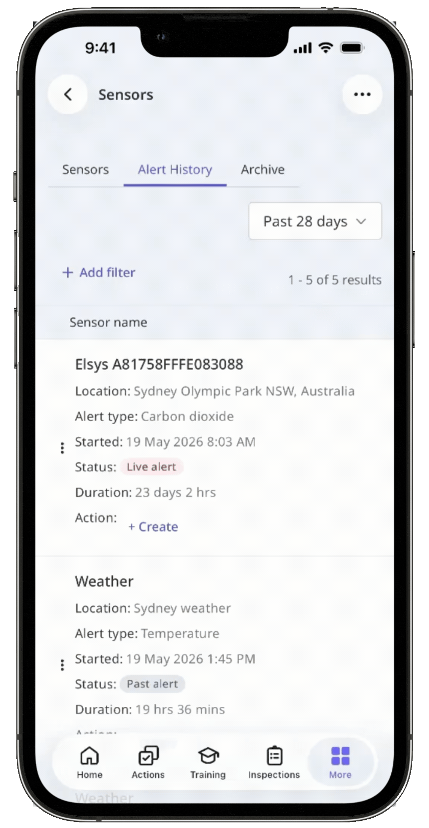Tap the date picker in the Alert History screen to view sensor alert history.