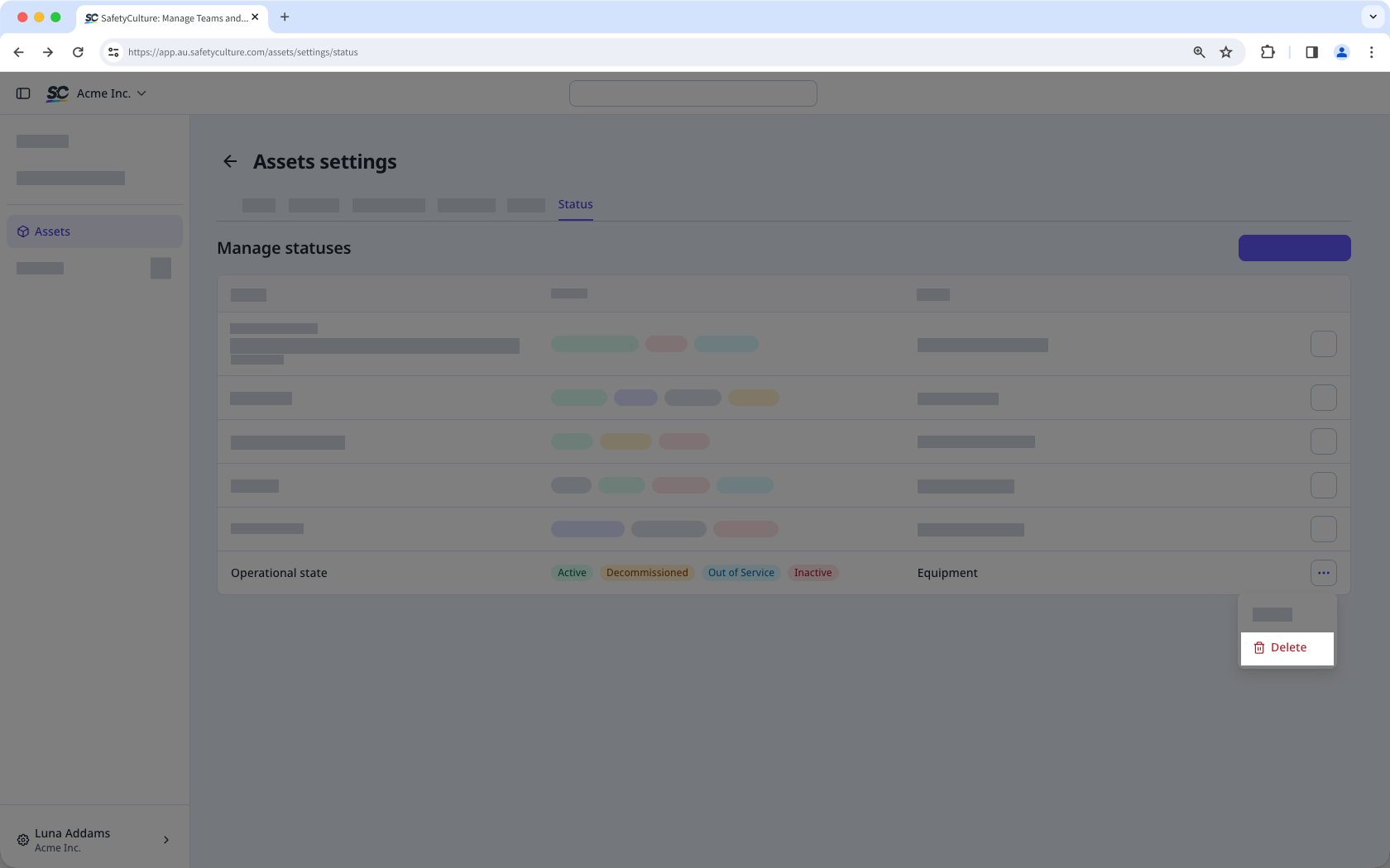 The Manage statuses page with the three-dot menu open on a status group, showing the Delete option.