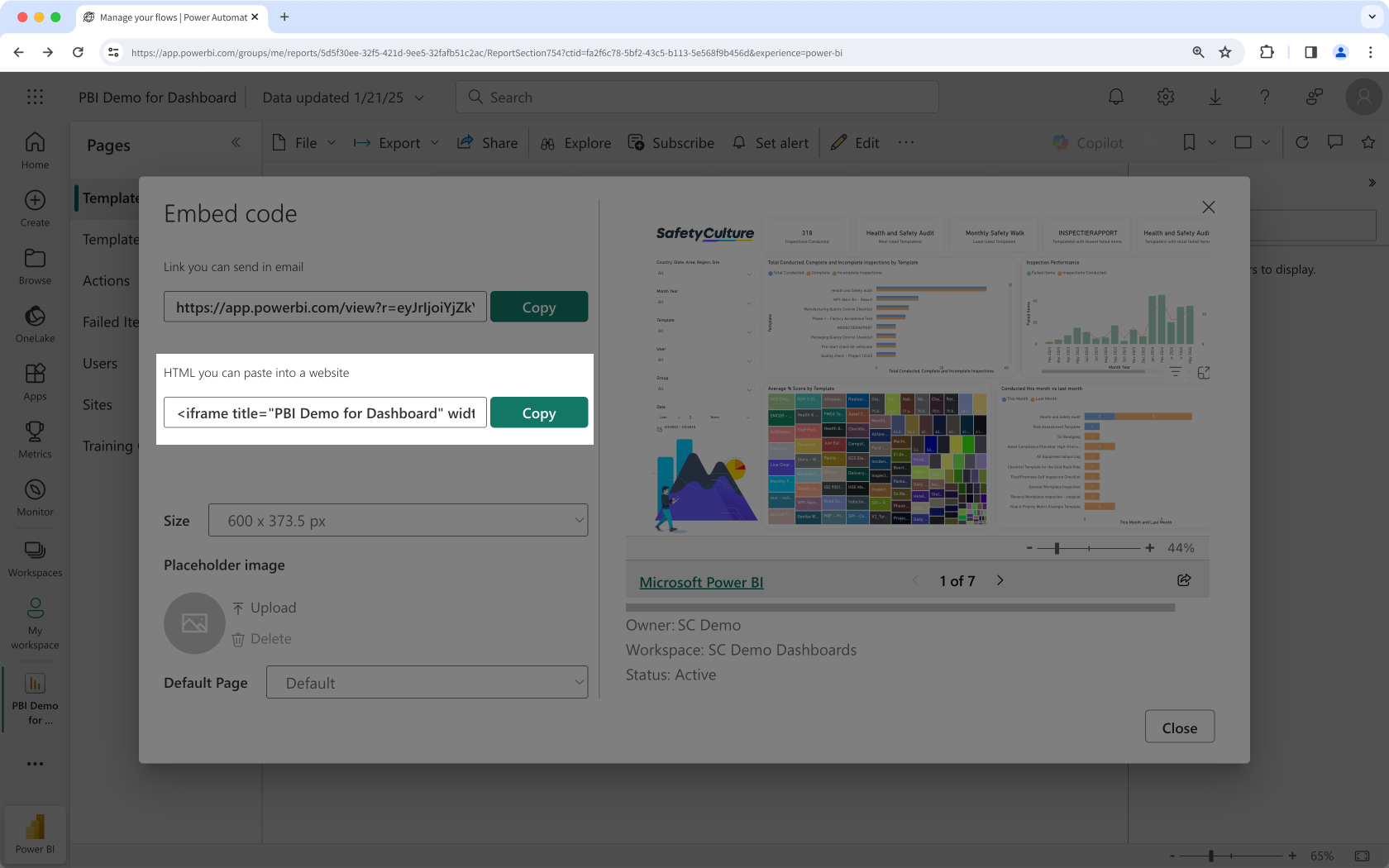 Copiez le code HTML d'incorporation publique dans Microsoft Power BI.