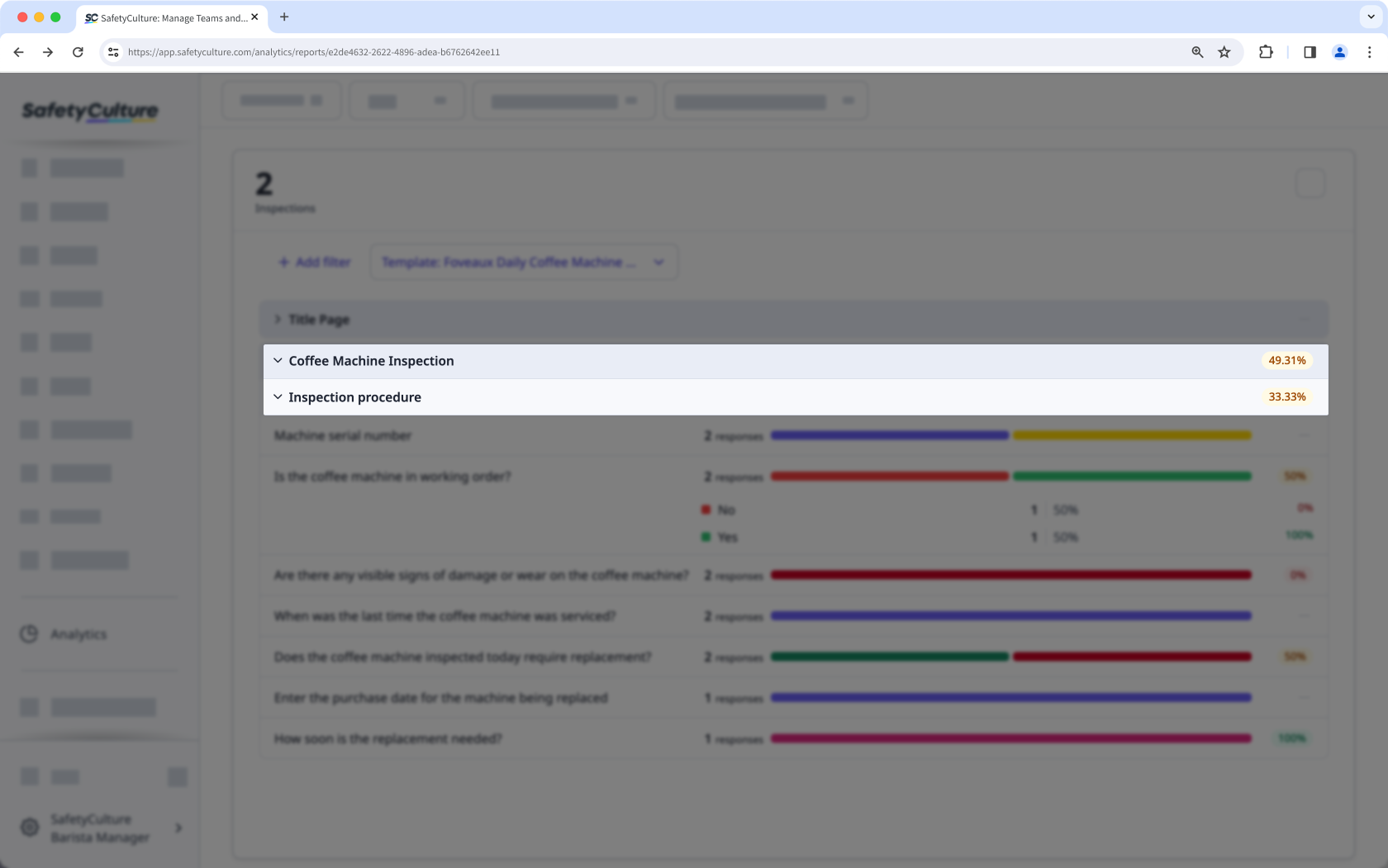 Affichez les scores moyens par page et par section pour vos inspections avec le graphique de tableau des Réponses à partir de l'application Web,