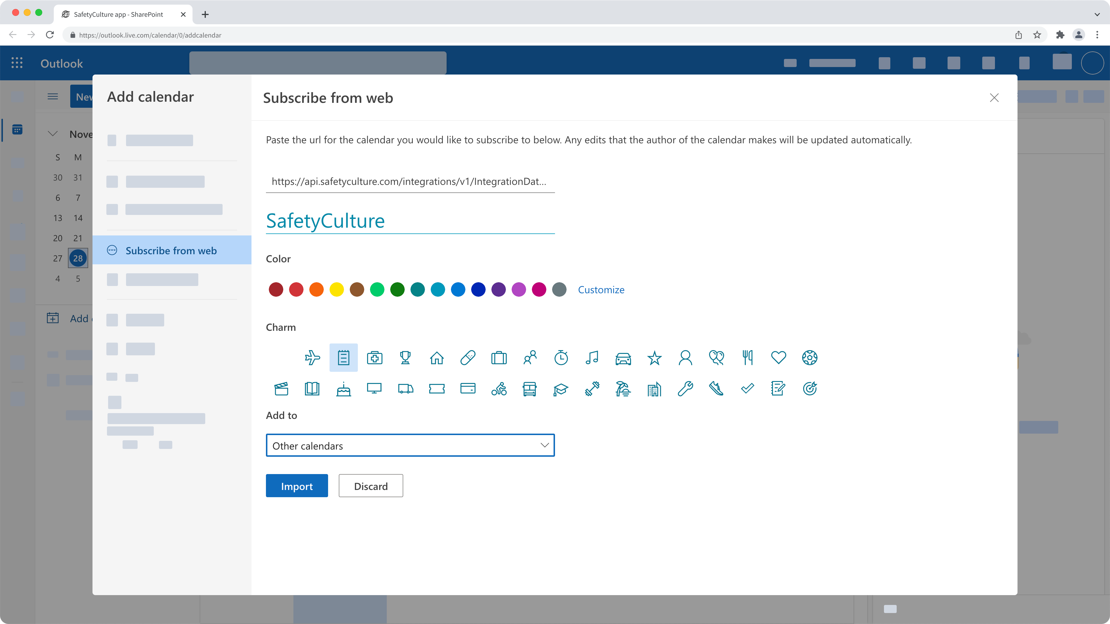 Ajouter l'URL du calendrier dans Microsoft Outlook via l'application Web.