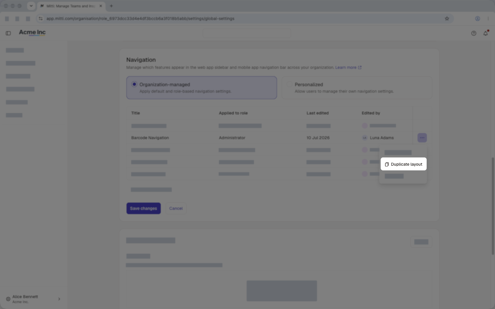 El botón "Duplicar diseño» de un diseño de navegación gestionado por la organización.
