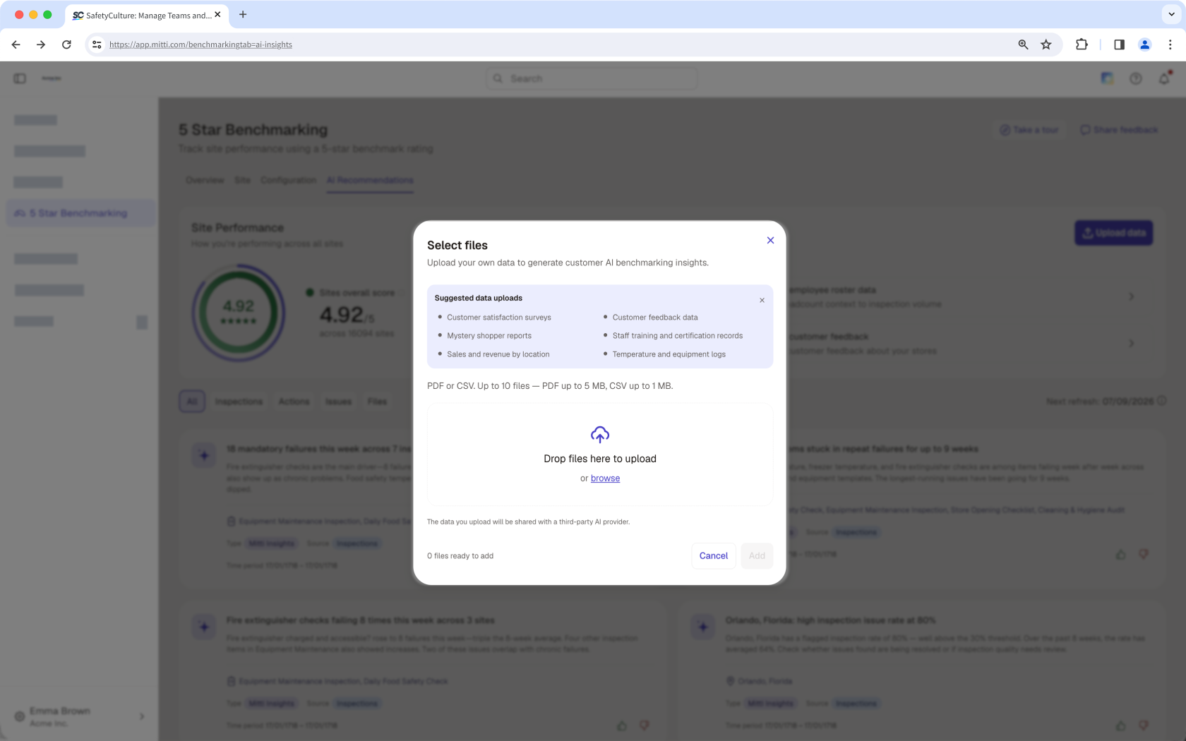 The AI Recommendations page showing the Select files pop-up window.