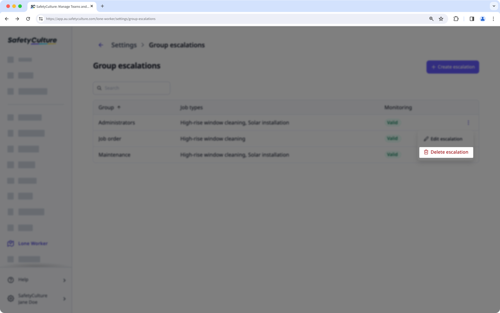 Delete a lone-work alert escalation via the web app.