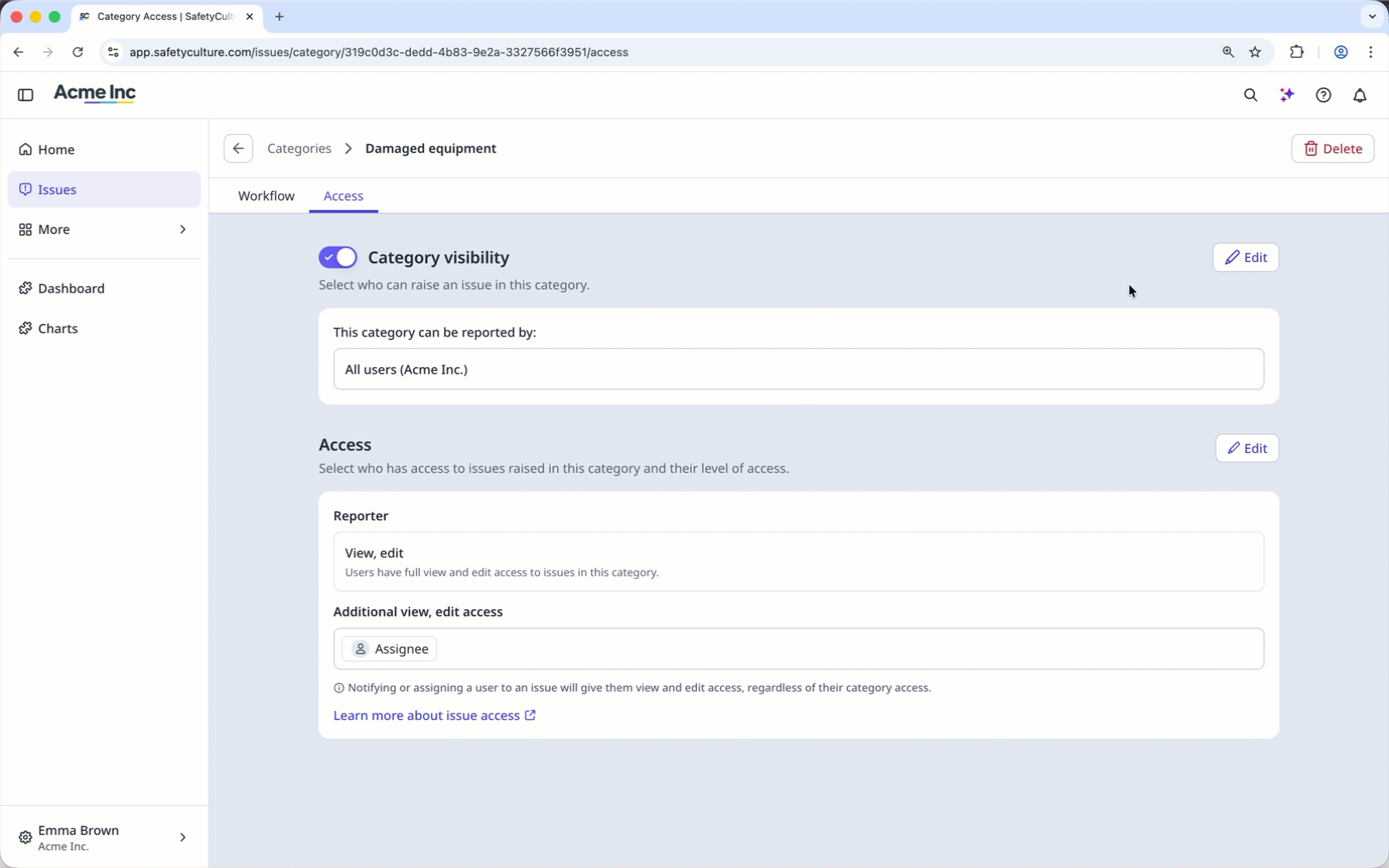 Customize access settings of an issue category.