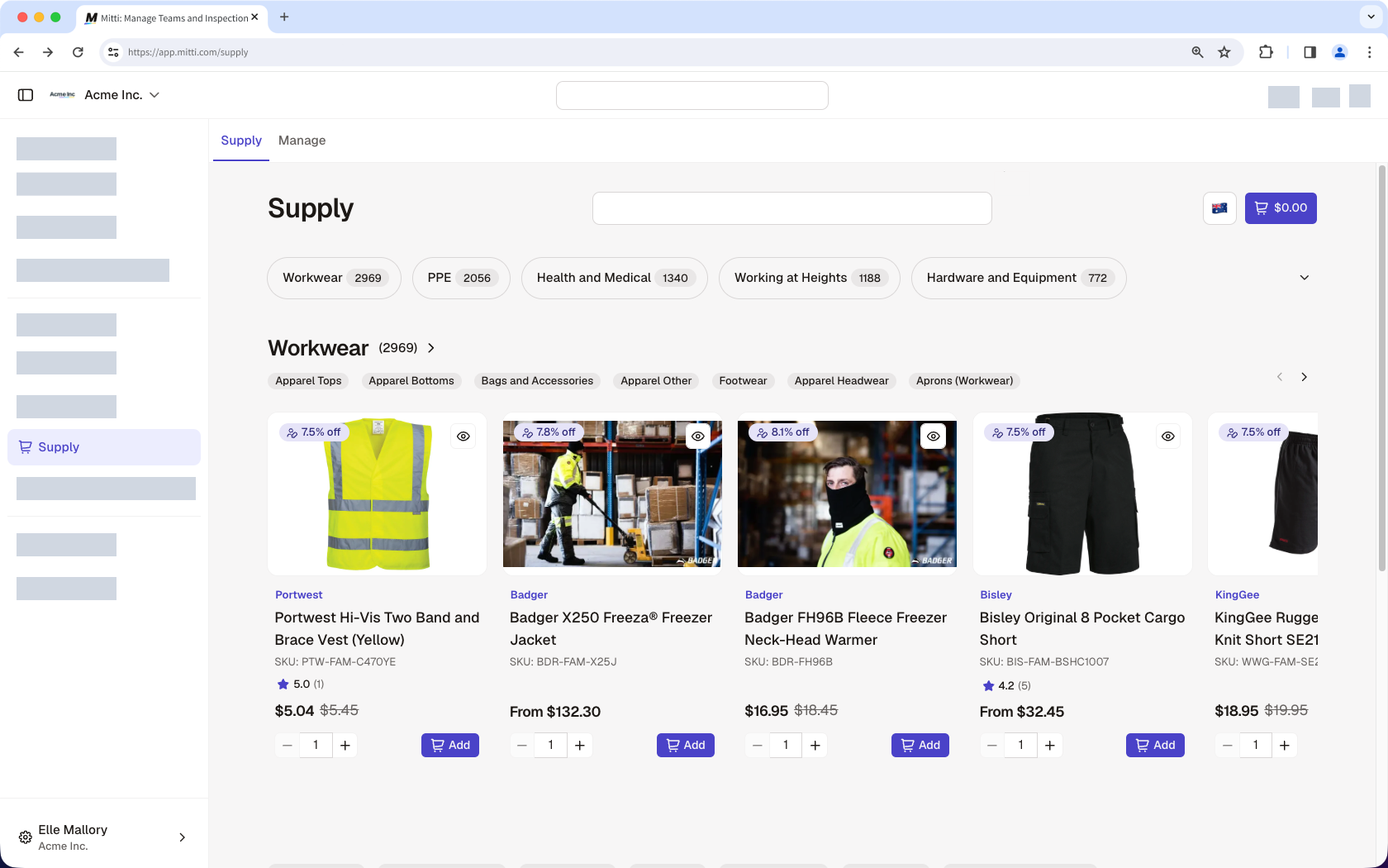 The Supply tab page showing the different products available for purchase.