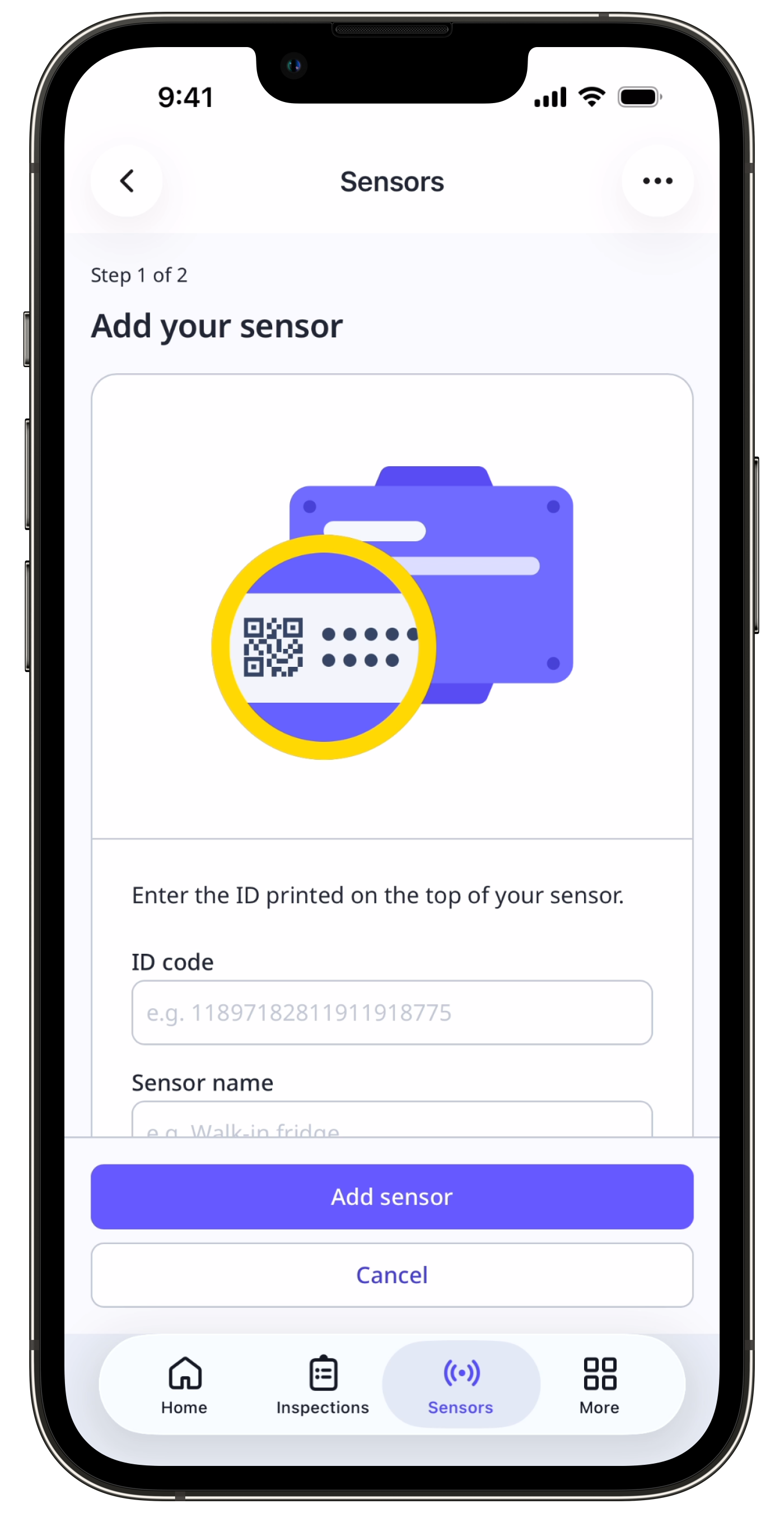 Der Bildschirm "Sensor hinzufügen" mit den Eingabefeldern für den ID-Code und den Sensornamen.