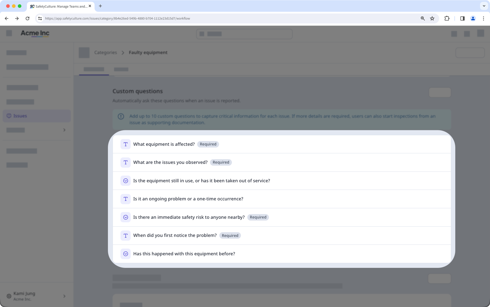 The "Custom questions" section for an issue category, showing the configured questions.
