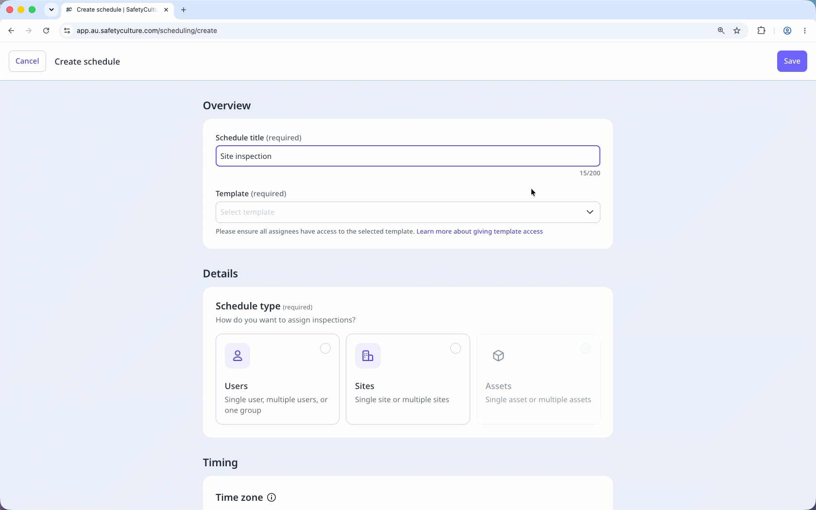 Configure the schedule form to create a site-based schedule.