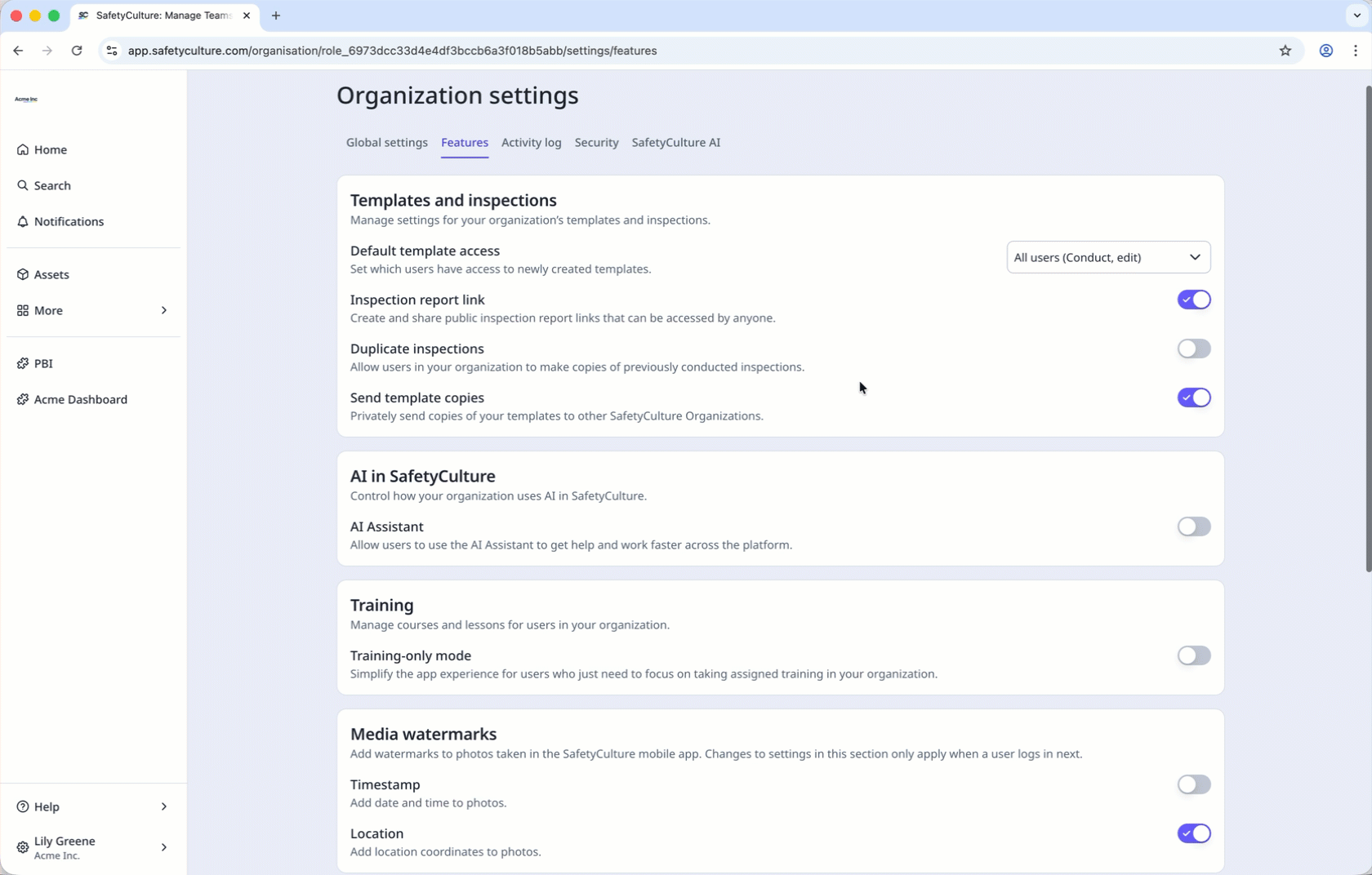 Select the Feature tab in Organization settings and turn on multiple feature settings.
