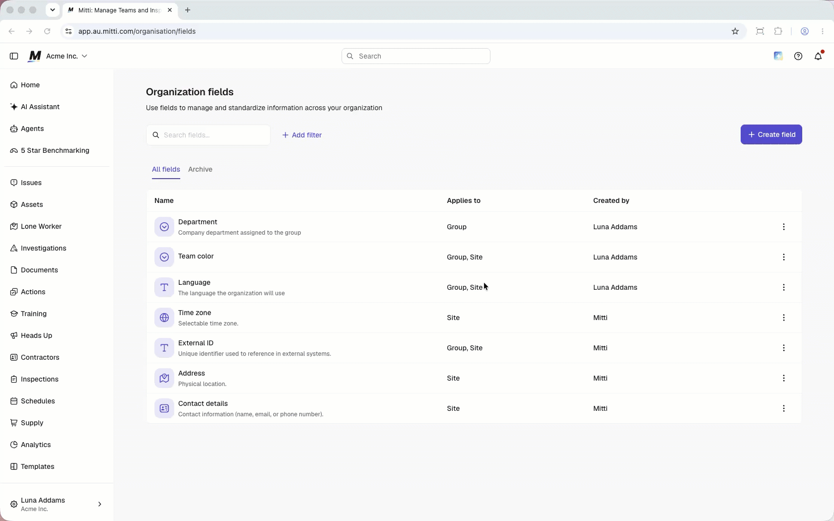 Click "Archive" to hide fields across your organization.