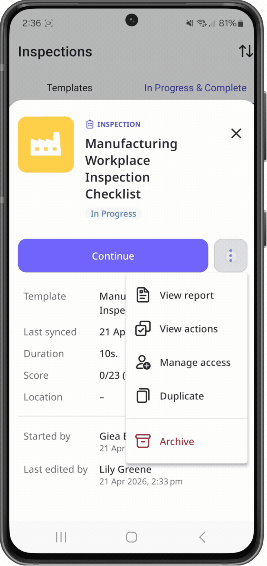 Étapes pour donner l'accès à l'inspection via l'application portable iOS.