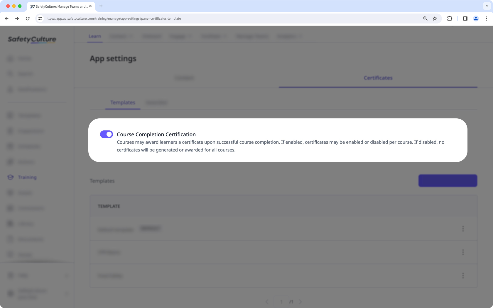 Los ajustes de los certificados de finalización del curso de formación en la aplicación web.