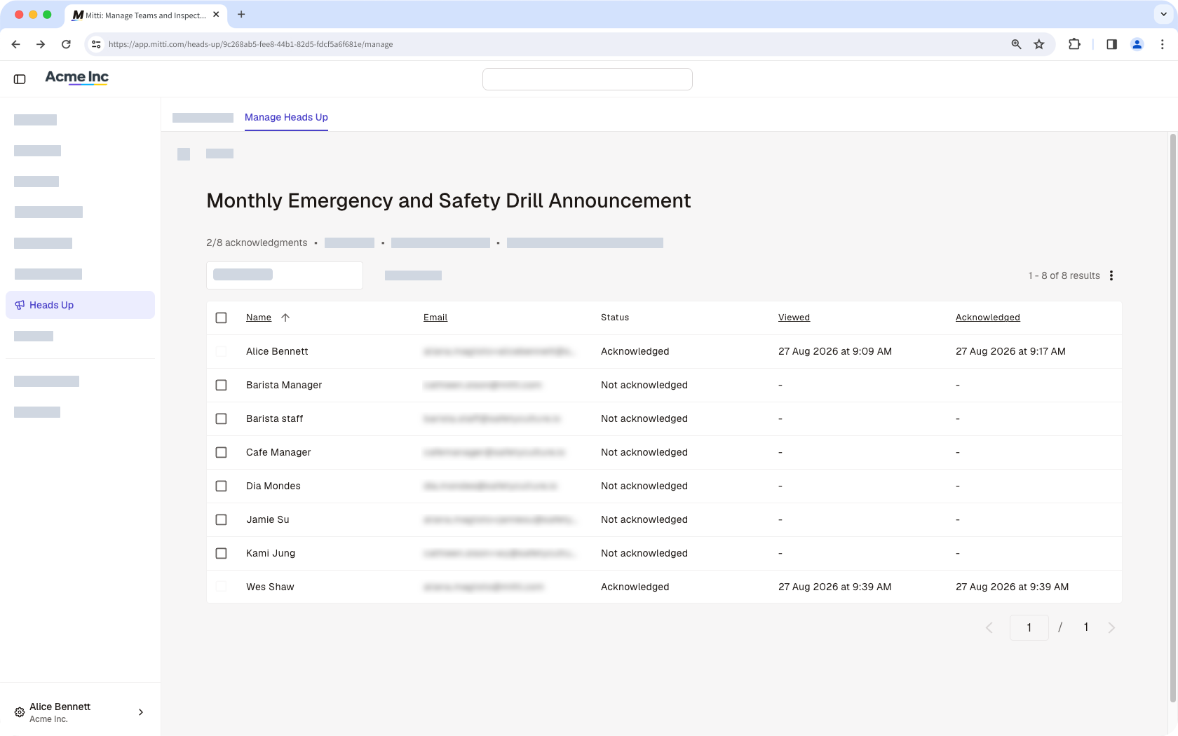 A Heads Up's list of assignees and their acknowledgments in the Manage Heads Up tab.