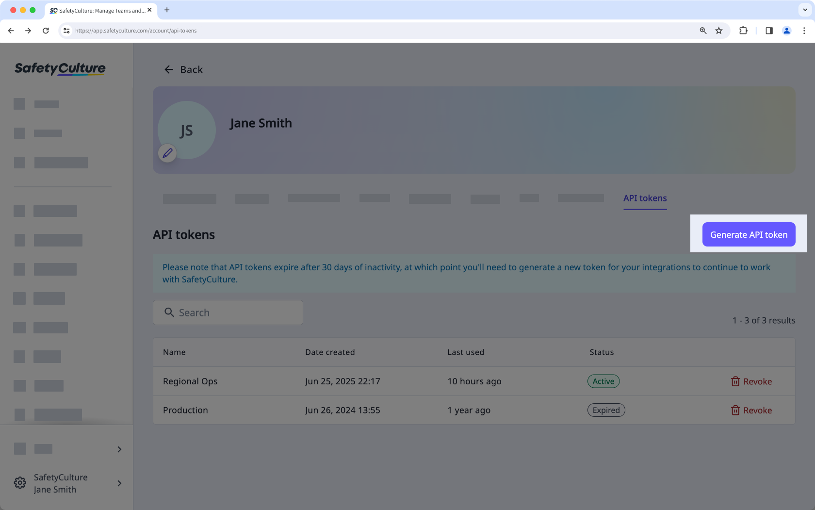 Click Generate API token via the web app.