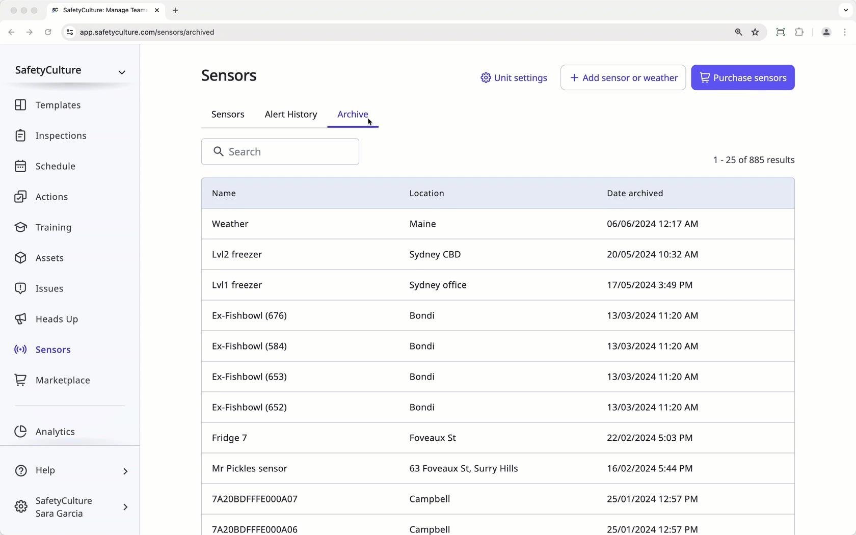 View an archived sensor's alert history via the web app.