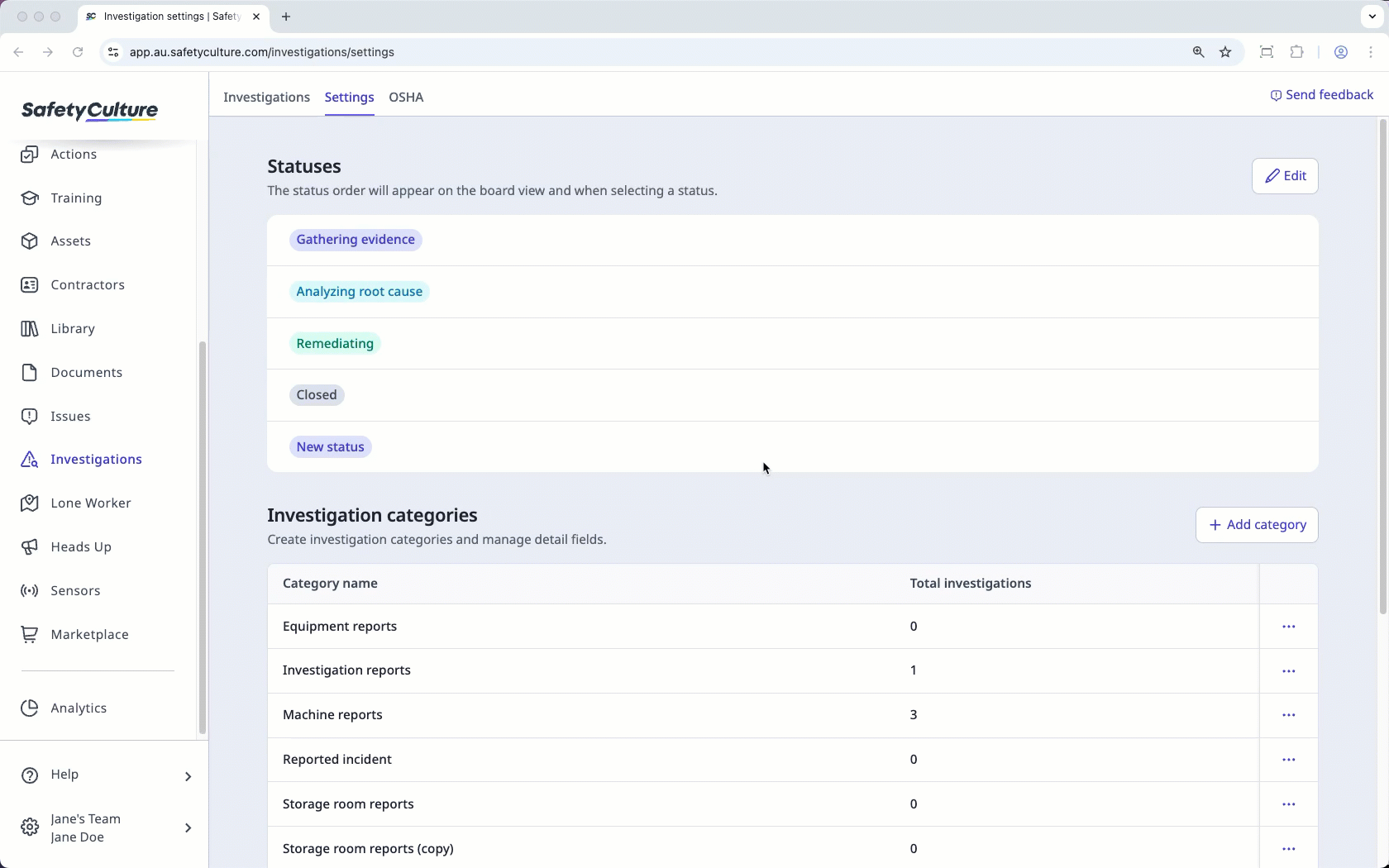 Delete an investigation category via the web app.