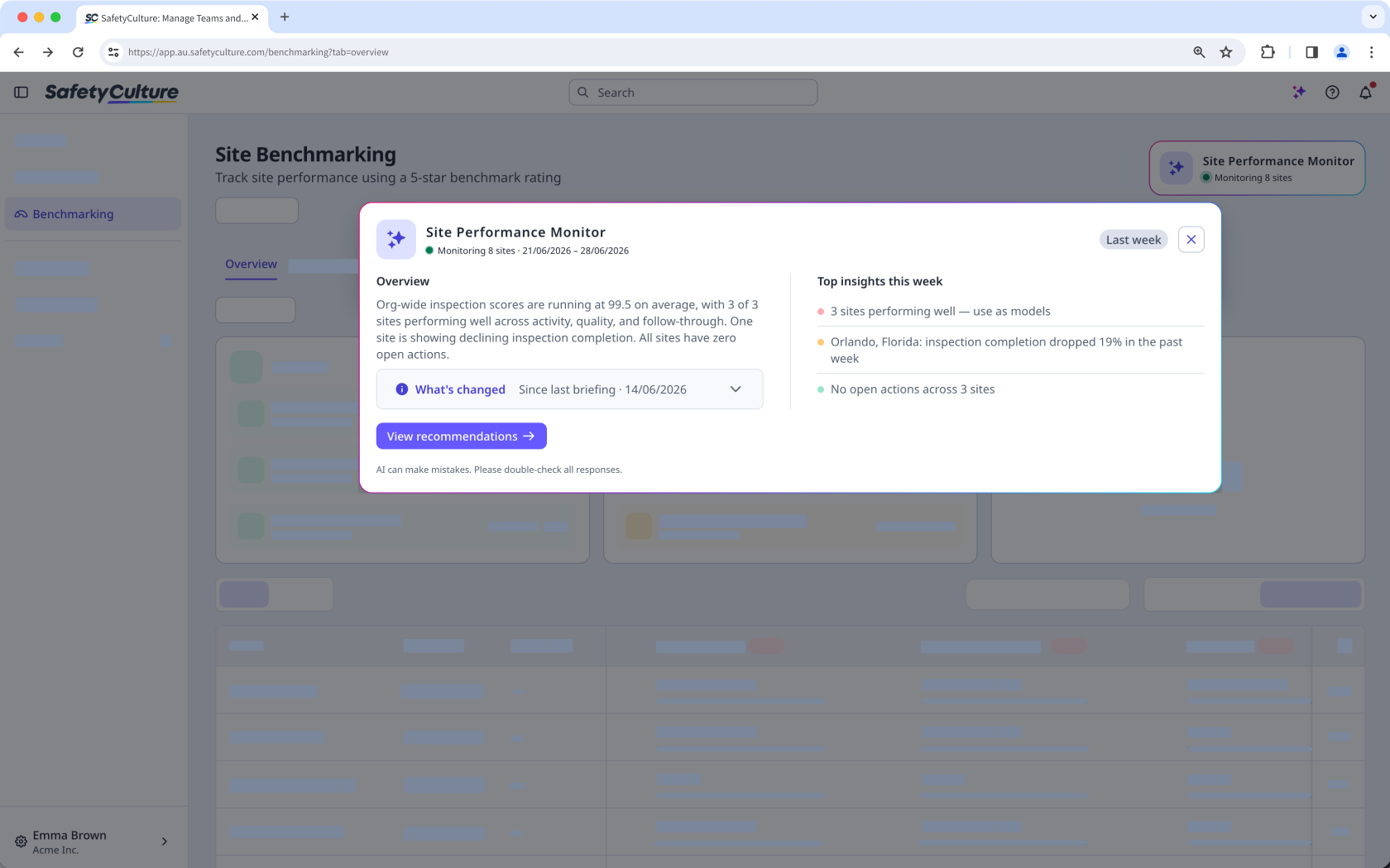 The Site Benchmarking page showing the Site Performance Monitor pop-up window.