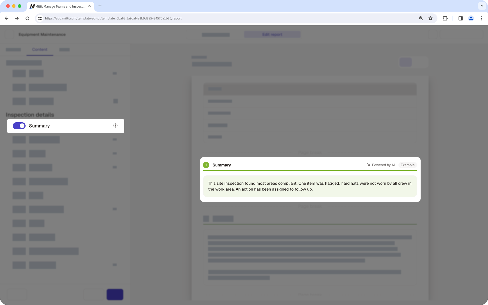 The report editor showing the Summary section in an inspection report.