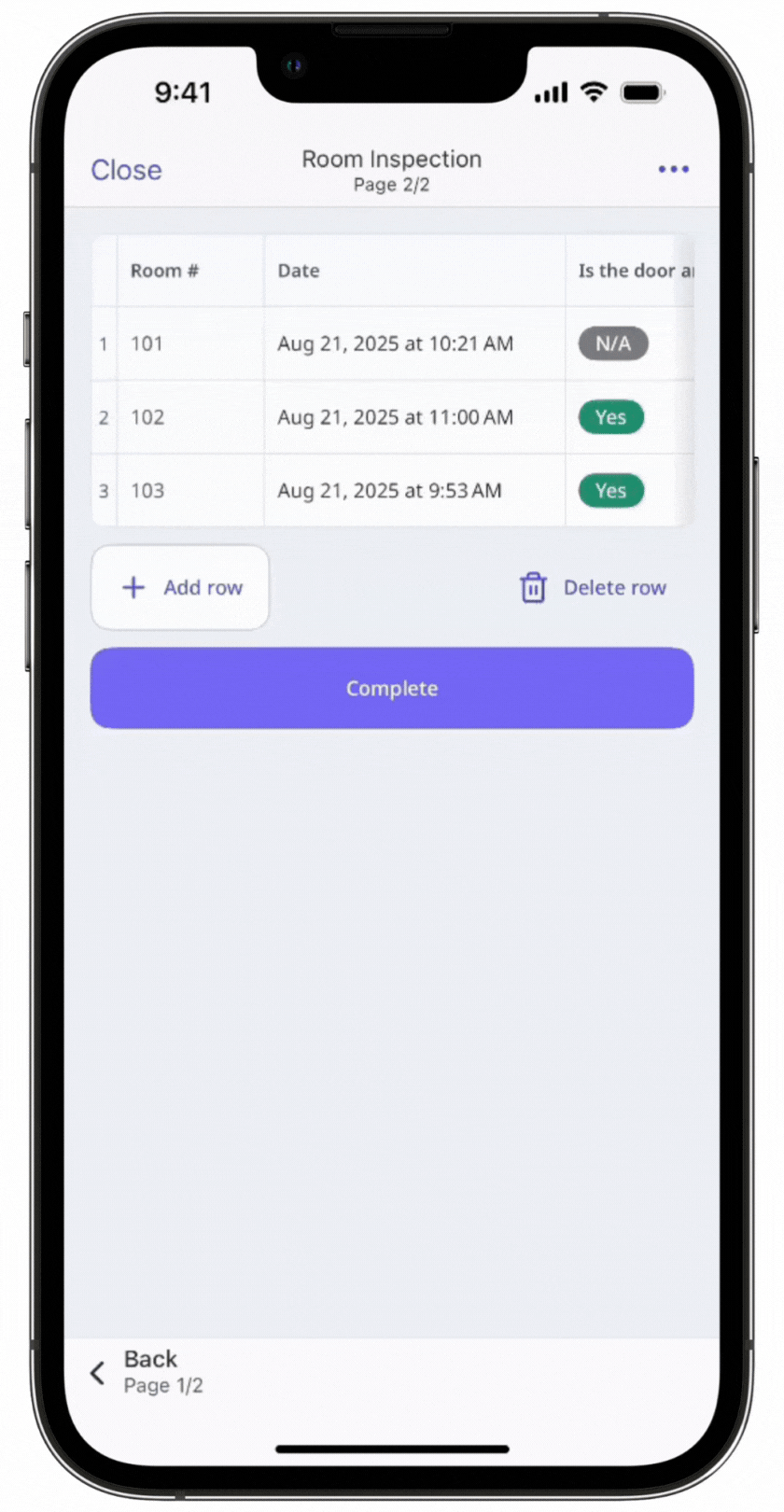 Add a row in tables while conducting an inspection via the mobile app.