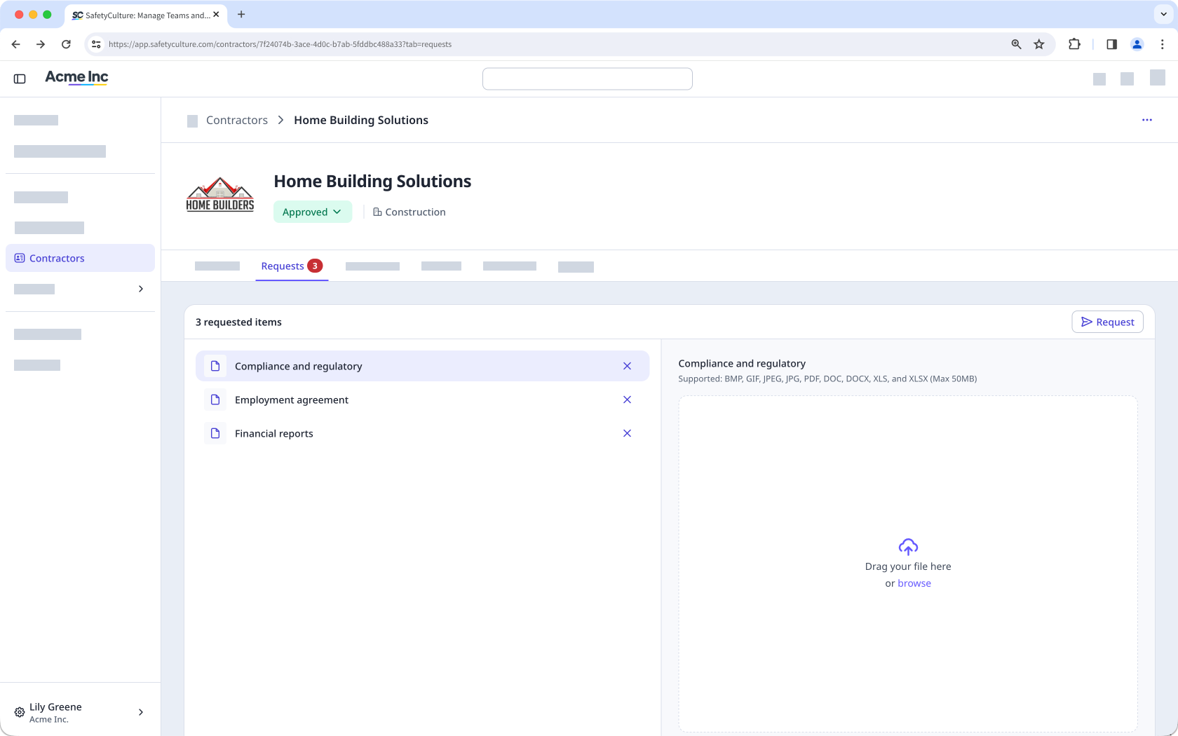 The Requests tab in the company profile showing a list of document requests.