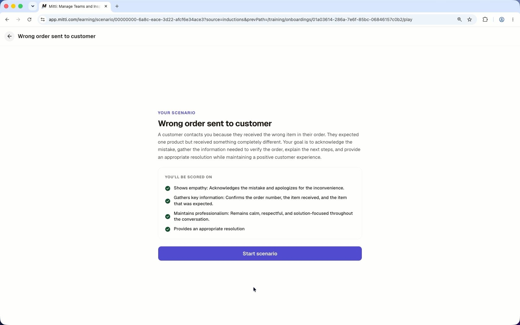 User starts and completes an example scenario