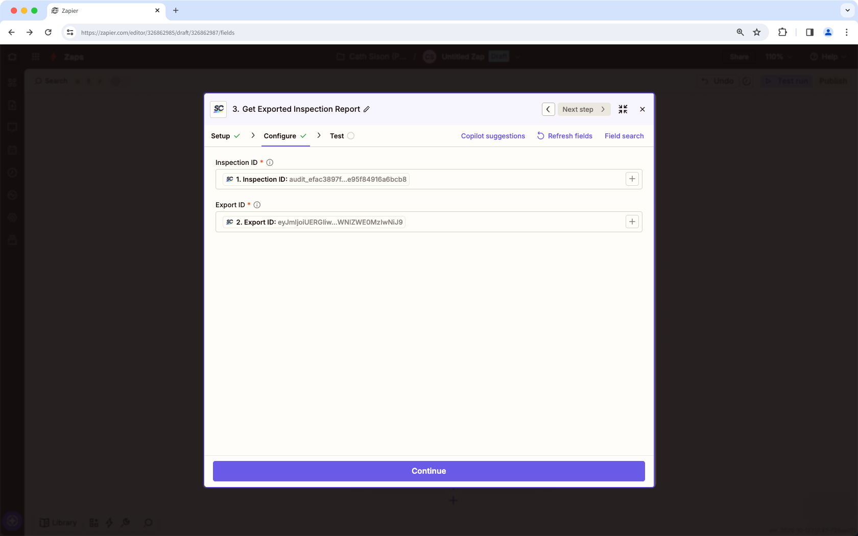 Ejemplo de configuración del paso «Obtener informe de inspección exportado» en SafetyCulture a través de Zapier.