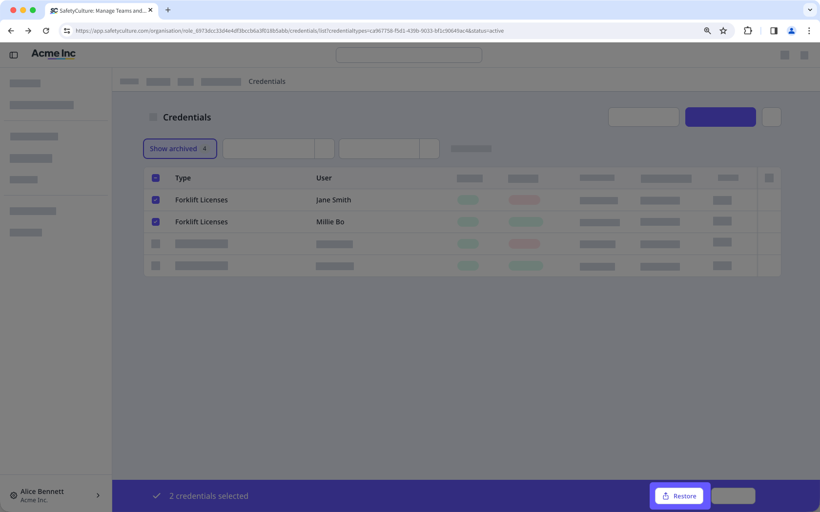 Multiple credentials selected in the archived Credentials page with a "Restore" button visible.