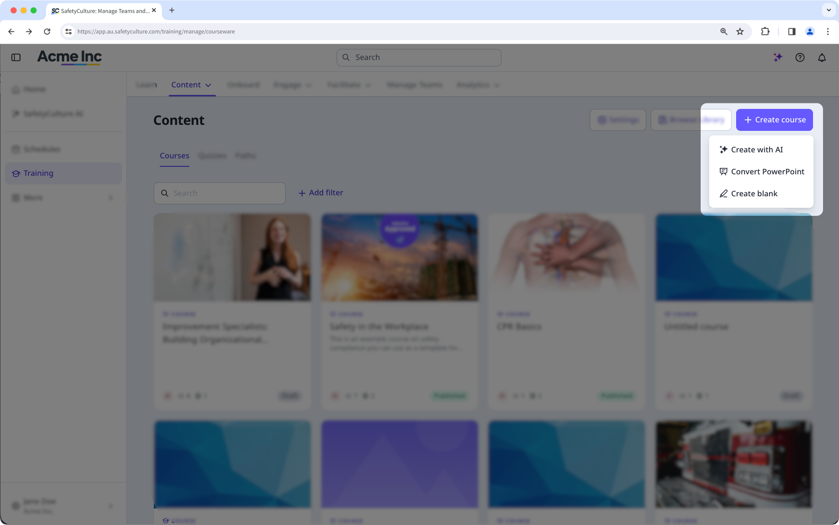 Create a training course via the SafetyCulture web app.
