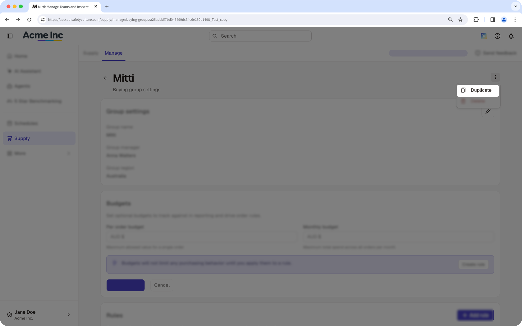 The Supply buying group page showing the option to duplicate a buying group.