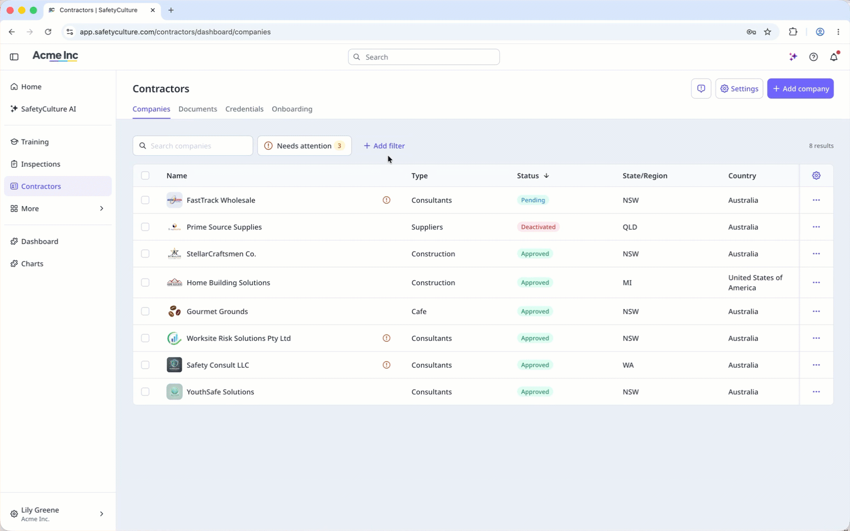 Filter companies by site in the Contractors dashboard.