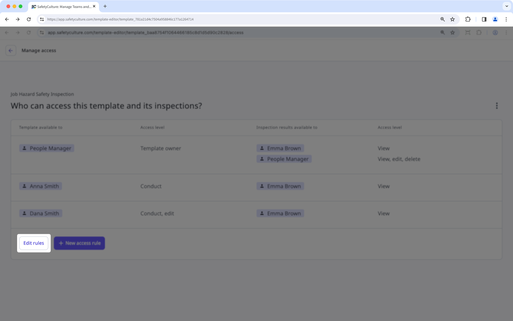 Editar una regla de acceso a través de la aplicación web.