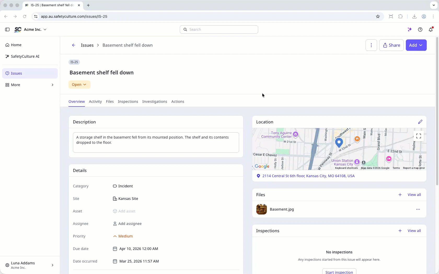 Inicie una inspección desde el perfil del contratiempo haciendo clic en "Añadir" y seleccionando "Iniciar inspección".